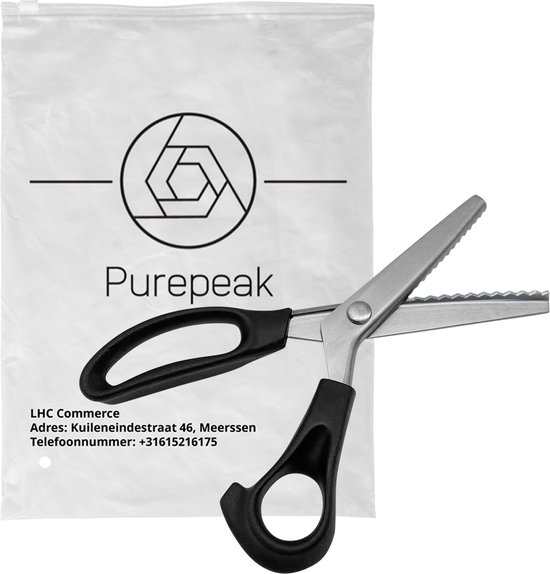 Een transparante verpakking met het Purepeak logo en een schaar met zwarte handvatten.