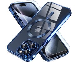 BixB hoesje met screenprotector geschikt voor iPhone 15 Pro MagSafe siliconen Backcover - Blauw