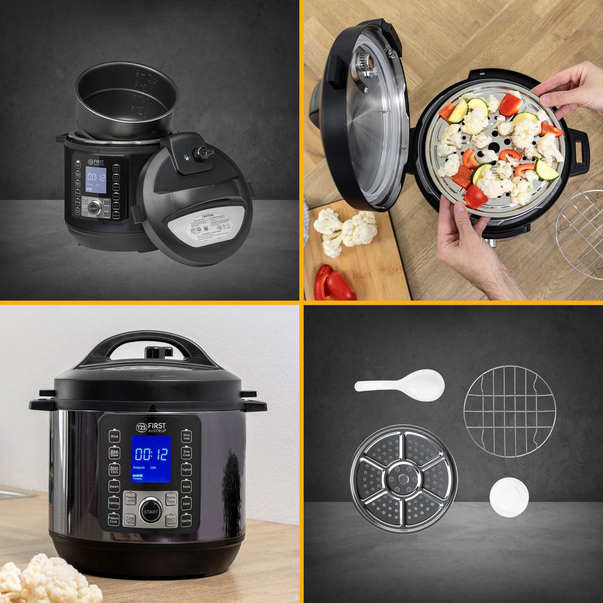 Afbeelding 2 van TZS First Austria Multicooker - 6L - 1000W - Snelkookpan - Rijstkoker - 12 Kookfuncties - RVS - Timer - Zwart