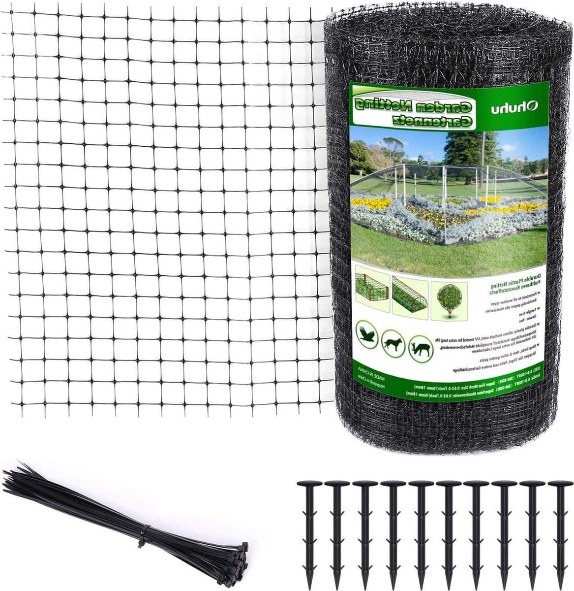 JK24 Vogelnet Tuinnet Vogelbeschermingsnet Bird net PP-materiaal herbruikbaar anti-vogel-tuinnet scheurbestig vogelnet 2 x 30 m tuin balkon vijver 15 mm zwart incl 50 kabelbinders