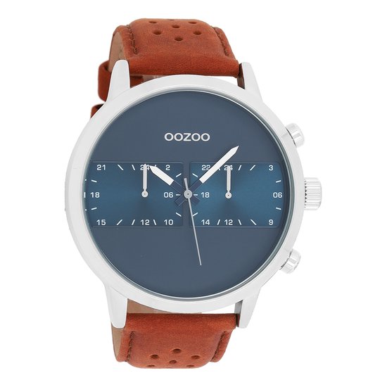 OOZOO Timepieces - Zilverkleurige horloge met bruine leren band - C10673