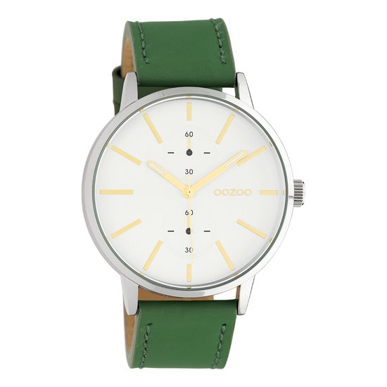 OOZOO Timepieces - Zilverkleurige horloge met lelie groene leren band - C10586