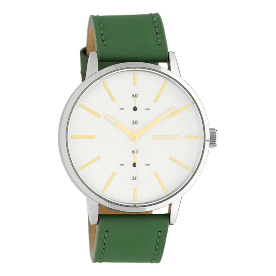 OOZOO Timepieces Zilverkleurige horloge met lelie groene leren