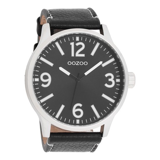 OOZOO Timepieces - Zilverkleurige horloge met zwarte leren band - C7404