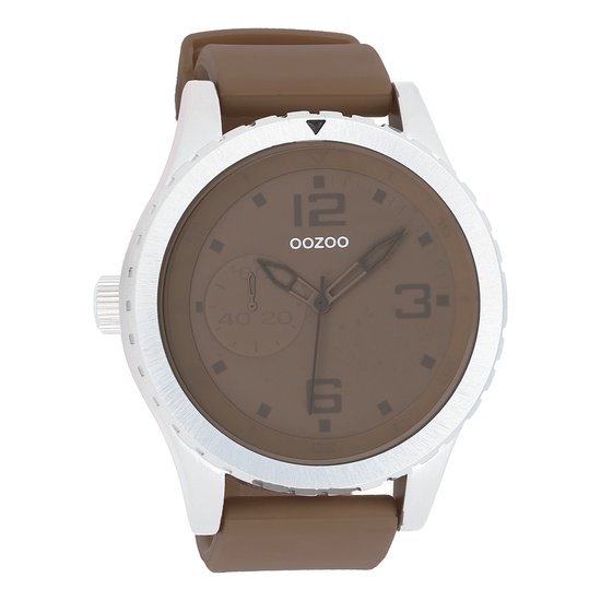 Foto: Oozoo timepieces zilverkleurige horloge met donker bruine rubber band c3672