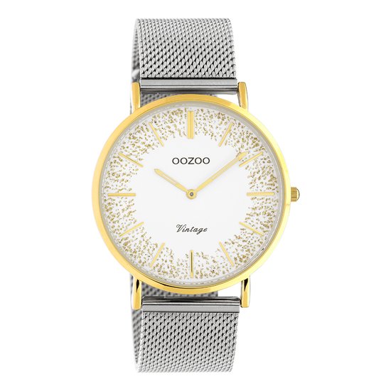 OOZOO Timepieces - Goudkleurige horloge met zilverkleurige metalen mesh armband - C20135