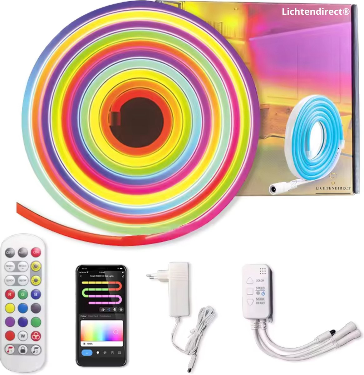 Lichtendirect- Neon Led strip- 5 meter - RGBIC- IP67 Waterbestendig - led strip voor buiten- met Afstandsbediening - Gaming Lichtstrip- App functie – Neon LED-strips - Ledstrip
