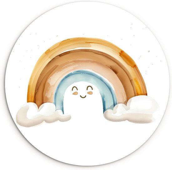 Ronde muurcirkel met aquarel regenboog en schattig gezichtje op witte achtergrond.