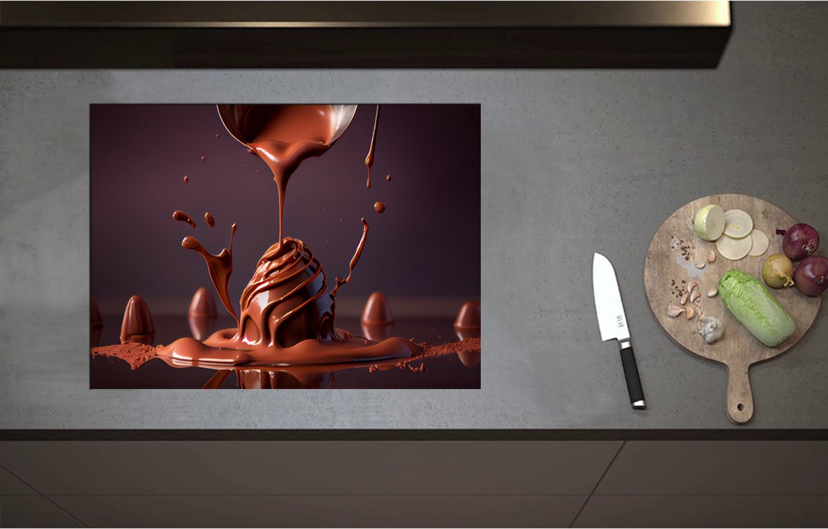 Inductieplaat Beschermer - Chocolade Eieren met Vloeibare Chocolade Erover heen - 71x52 cm - 2 mm Dik - Inductie Beschermer - Bescherming Inductiekookplaat - Kookplaat Beschermer van Wit Vinyl