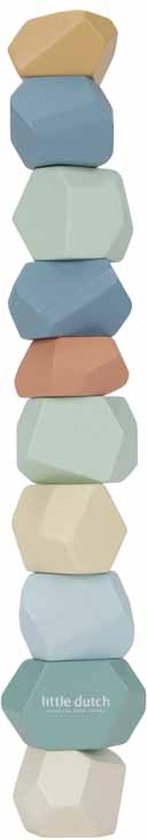Lange toren van gekleurde Little Dutch stapelstenen: crème, lichtblauw, groen, blauw, oranje, mintgroen, crème, lichtblauw.