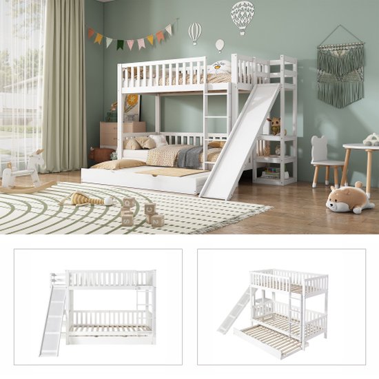 90 x 200 cm x 3 driepersoonsbed, drievoudig stapelbed met ladder, voor