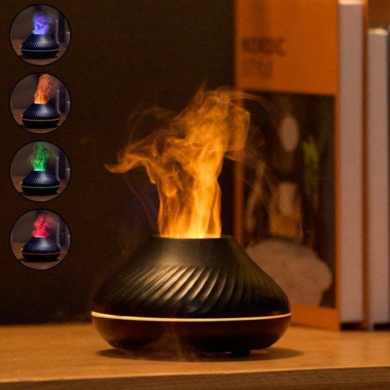 Zwarte aroma diffuser met vlammen effect en opties voor kleurverandering, zoals afgebeeld.
