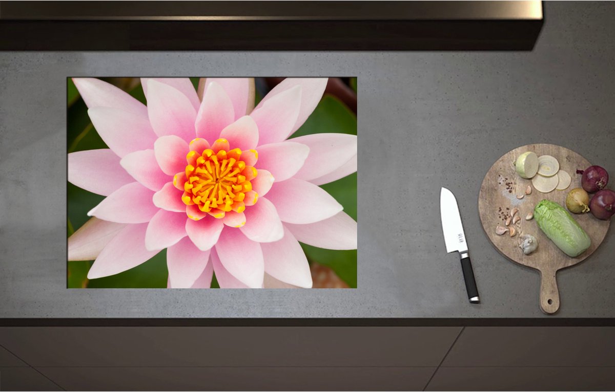 Inductieplaat Beschermer - Bovenaanzicht van Roze Lotus Bloem - 71x52 cm - 2 mm Dik - Inductie Beschermer - Bescherming Inductiekookplaat - Kookplaat Beschermer van Zwart Vinyl