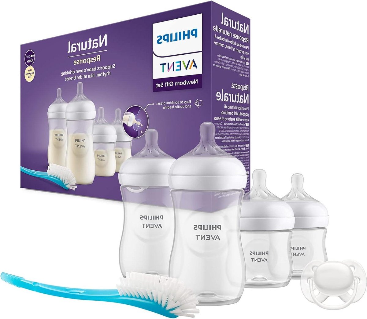 Goedkoopste Babyfles cadeauset voor pasgeboren baby's - 4 babymelkflessen ultra soft-fopspeen en flessenborstel - 0-12 maanden - model SCD838/11