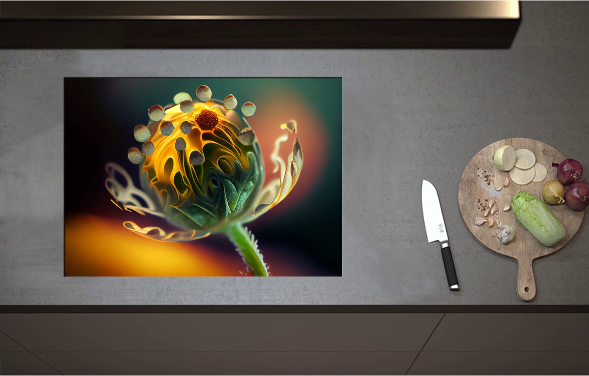 Inductieplaat Beschermer - Close-up van Gele Bloeiende Bloem - 71x51 cm - 2 mm Dik - Inductie Beschermer - Bescherming Inductiekookplaat - Kookplaat Beschermer van Zwart Vinyl