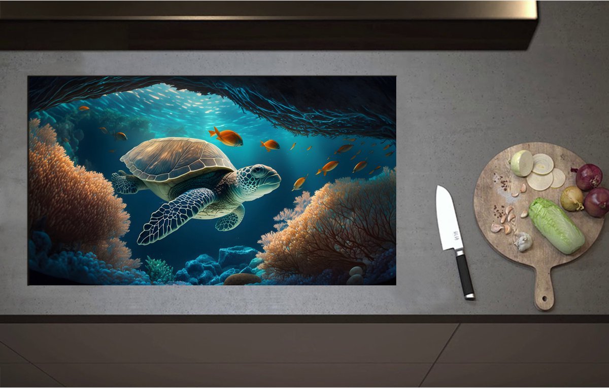 Inductieplaat Beschermer - Cartoon van Zeeschildpad Zwemmend in Grotten op Zeebodem - 90x52 cm - 2 mm Dik - Inductie Beschermer - Bescherming Inductiekookplaat - Kookplaat Beschermer van Zwart Vinyl