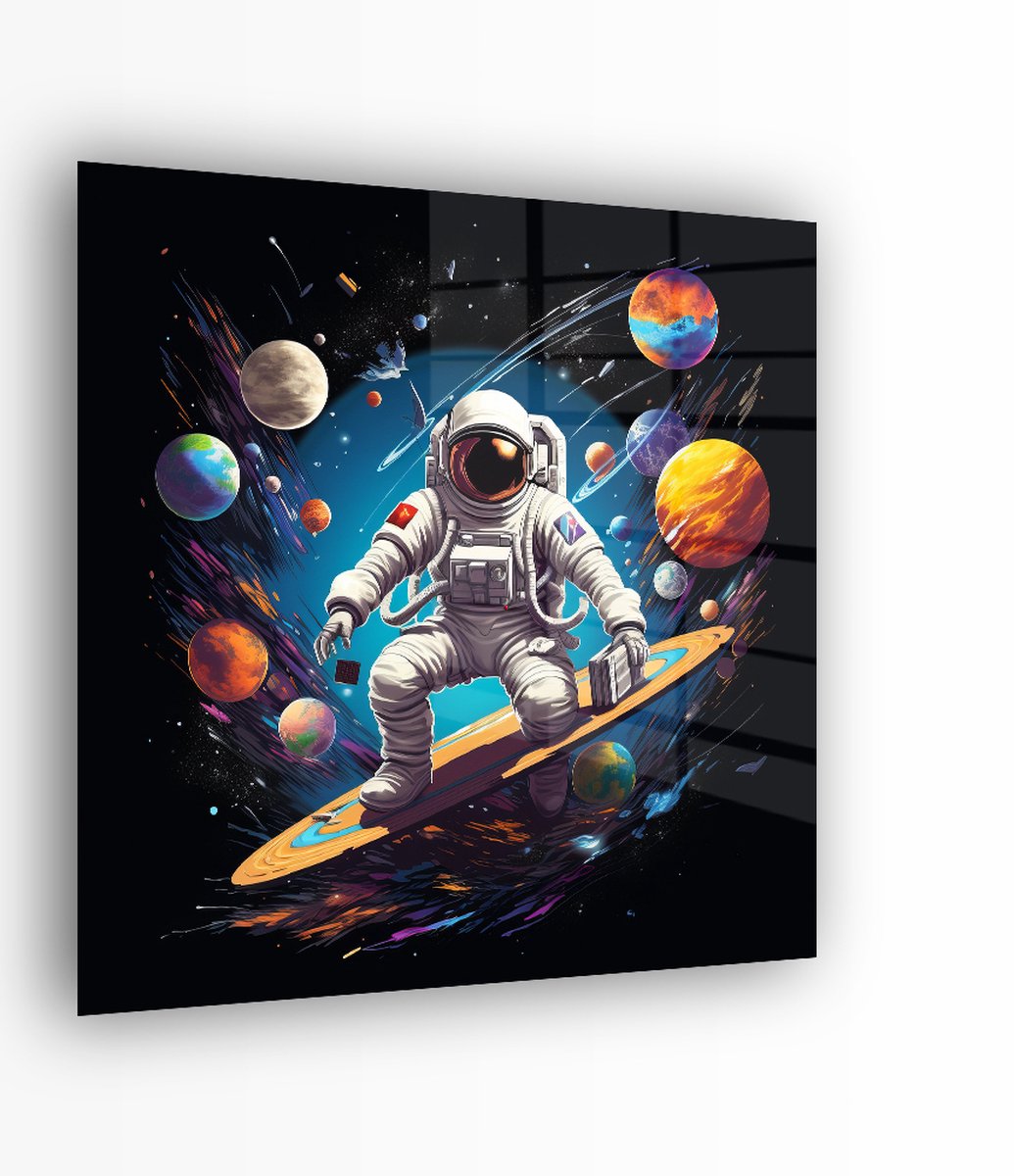 Indoorart Glasschilderij Spacesurfer 50x50 CM - Afbeelding op plexiglas - Inclusief montagemateriaal zwart, wit, oranje, blauw, rood