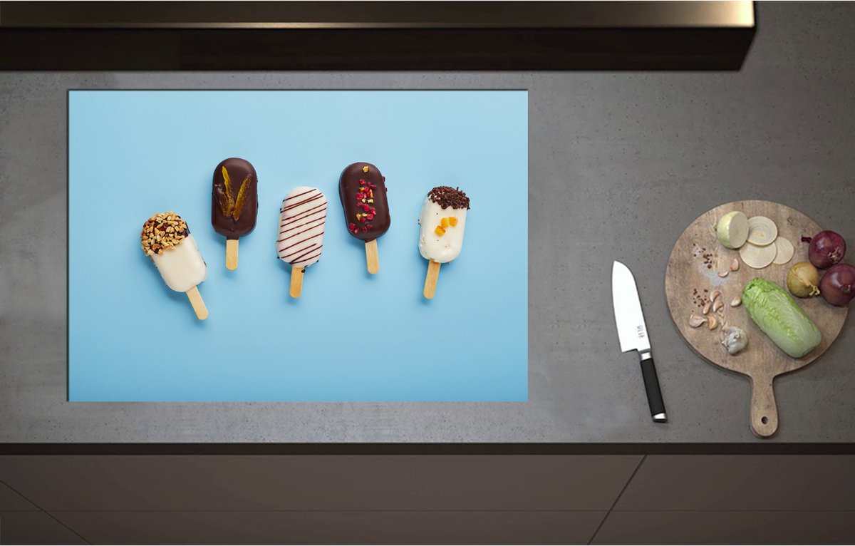 Inductieplaat Beschermer - Chocolade Ijsjes met Toppings - 80x55 cm - 2 mm Dik - Inductie Beschermer - Bescherming Inductiekookplaat - Kookplaat Beschermer van Wit Vinyl