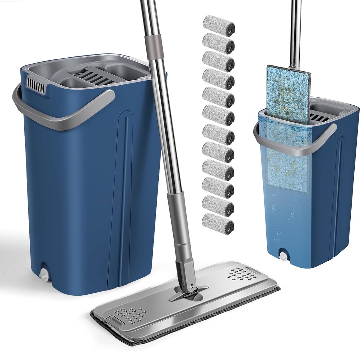 Goedkoopste Dweilmopset met emmer en 12 microvezel dweilpads - blauwe vloerwisserset met roestvrijstalen handgreep - 2-in-1 poetsemmer voor hardhout laminaat tegels