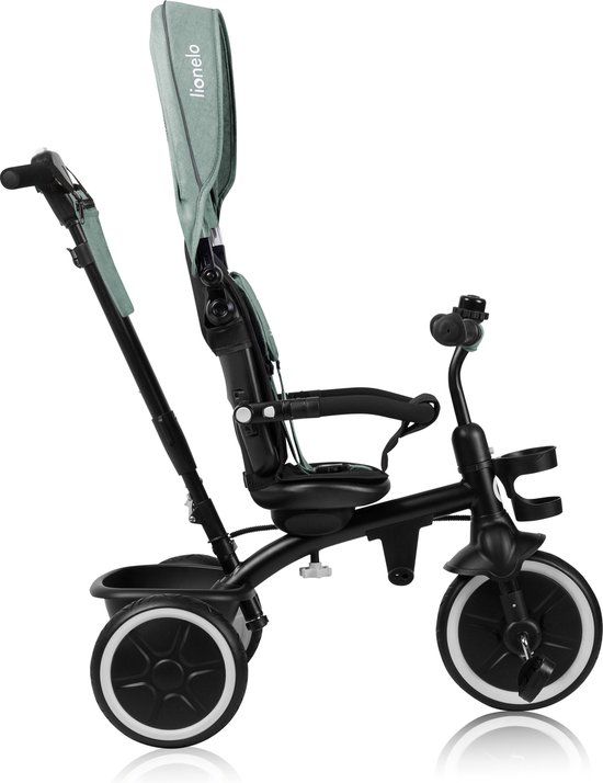 Zwarte driewieler met mintgroene bekleding en kap. Het stoeltje kan 360 graden draaien.