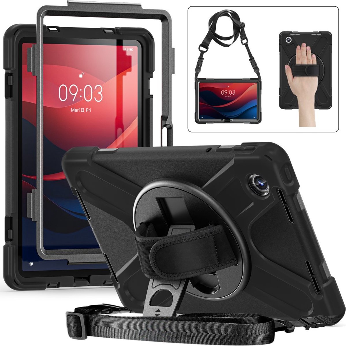 Tablethoes geschikt voor Lenovo Tab M11 Hoesje - Heavy Duty Case met Schouderstrap - Zwart