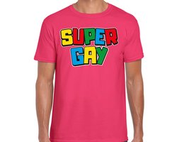 Bellatio Decorations Gay Pride T-shirt voor heren - super gay - fuchsia - pride - regenboog - LHBTI XL