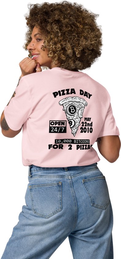 Bitcoin Pizza Day T-shirt - Rugprint - Unisex - 100% Biologisch Katoen - Kleur Donker Blauw - Maat S | Bitcoin cadeau| Crypto cadeau| Bitcoin T-shirt| Crypto T-shirt| Bitcoin Shirt| Bitcoin Merchandise| Crypto Merchandise| Bitcoin Kleding