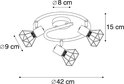 Technische tekening van een plafondlamp met 3 spots, met afmetingen.