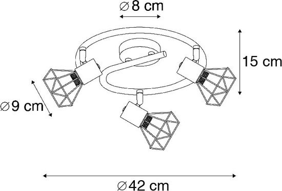 Technische tekening van een plafondlamp met 3 spots, met afmetingen.