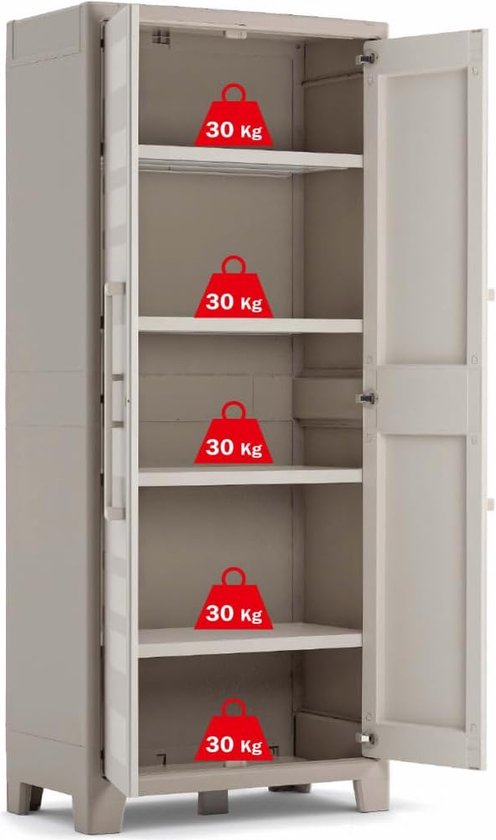 Gulliver kunststof kast hoog beige 80 x 44 x 182 cm incl. planken geschikt voor binnen en buiten UV- en waterbestendig (IPX3) - Handig opbergmeubel met veelzijdige mogelijkheden