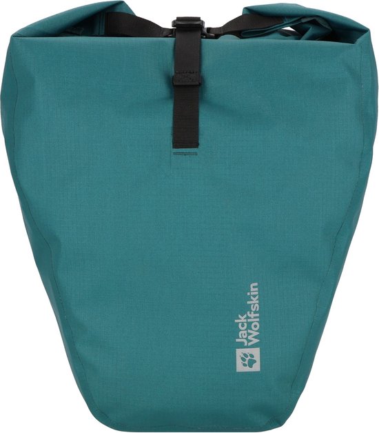 Turquoise rolfietstas met sluiting bovenaan en "Jack Wolfskin" logo op de voorkant.