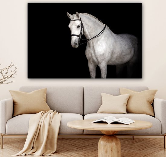 Toile Peinture Cheval - Wit - Zwart - 140x90 cm - Décoration murale