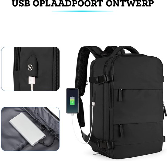 Zwarte rugzak met USB-oplaadpoort, interne powerbank-opslag en externe USB-poort.