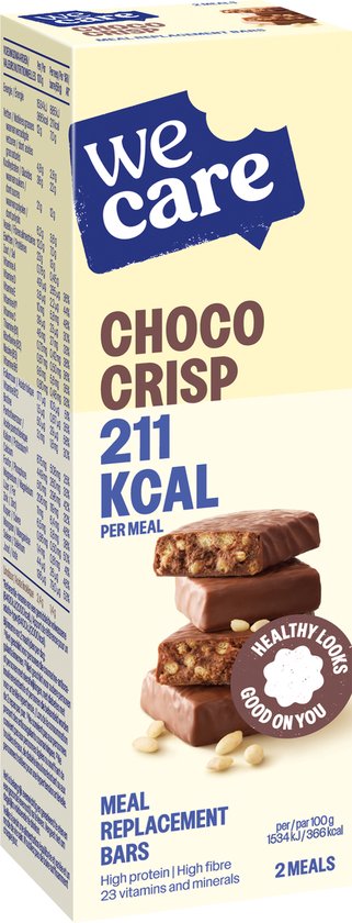 We Care Choco Crisp reep, gestapelde repen met chocoladelaag en krokante vulling, met witte pinda's.