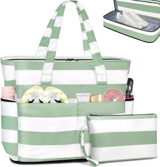 Grote strandtas met ritssluiting, XXL, familie-strandtas, grote shoppertas, strandtas, reistas, waterdicht, badtas, saunatas met nat vak en schoenenvak, 55 l