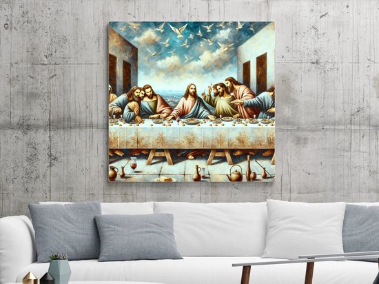 Olieverf laatste avondmaal schilderij | Meesterlijk meesterwerk: het laatste avondmaal vereeuwigd in olieverf | Kunst - 40x40 centimeter op Dibond | Foto op Dibond