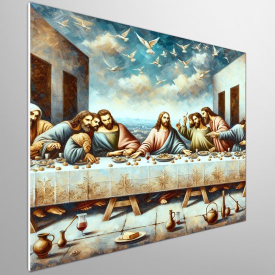 Olieverf laatste avondmaal schilderij | Meesterlijk meesterwerk: het laatste avondmaal vereeuwigd in olieverf | Kunst - 40x40 centimeter op Dibond | Foto op Dibond