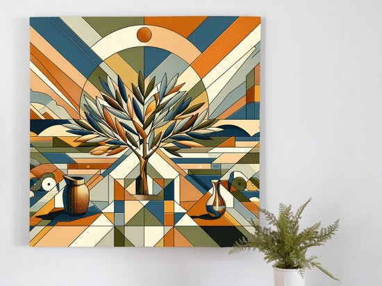 Modern olijfboom schilderij | Abstracte interpretatie van een eigentijdse olijfboom in kunst | Kunst - 50x50 centimeter op Dibond | Foto op Dibond
