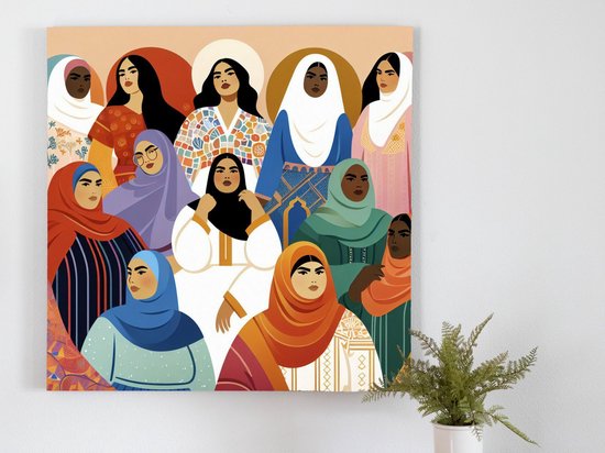 Canvasafdruk van een illustratie van diverse vrouwen met hoofddoeken, hangend boven een bank.