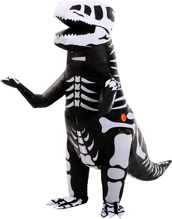 KIMU® Opblaas Kostuum T-Rex Zwart Wit Skelet - Opblaasbaar Pak - Dinopak Mascotte Opblaaspak - Opblaasbare Dino Dinosaurus Dames Heren Sinterklaas Kado