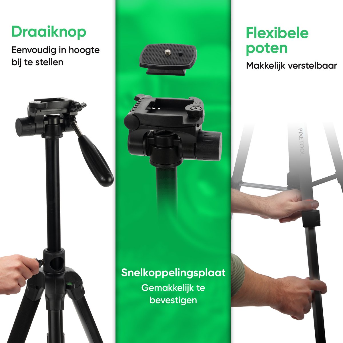 PIXETOOL Camera en Telefoon Statief 180cm – Tripod Statief - Monopod – Spiegelreflexcamera Statief – Incl. Smartphone Houder – Smartphone Statief – Camera Houder – GSM Statief – Universeel – Horizontaal – Zwart thumbnail 2