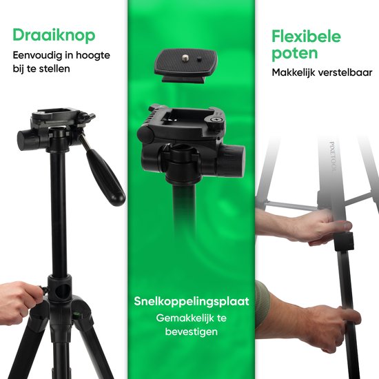 Drie delen: draaiknop, snelkoppelingsplaat en flexibele statiefpoten.