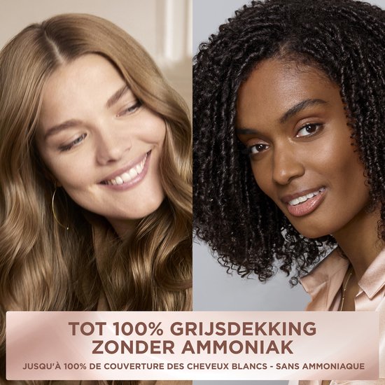 Vrolijke blonde vrouw naast vrouw met krullend donker haar. 100% grijsdekking zonder ammoniak.