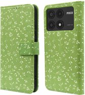 iMoshion Hoesje Geschikt voor Xiaomi Poco X6 Pro Hoesje Met Pasjeshouder - iMoshion Design Bookcase smartphone - Groen / Green Flowers