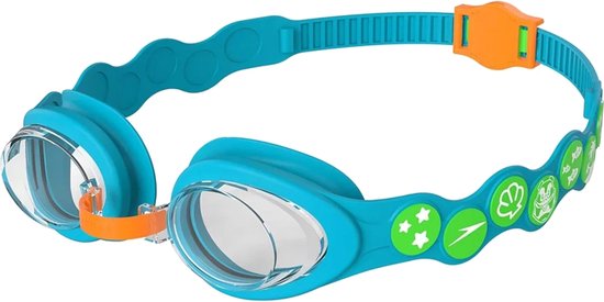Blauwe zwembril met oranje gesp, groene band met zeedieren en sterren.