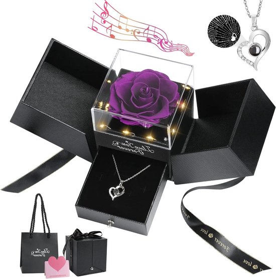 Preserved Real Purple Rose Heart Necklace - Eternal Rose I Love You Necklace - Music Box with Lights Romantic Gifts for Her
