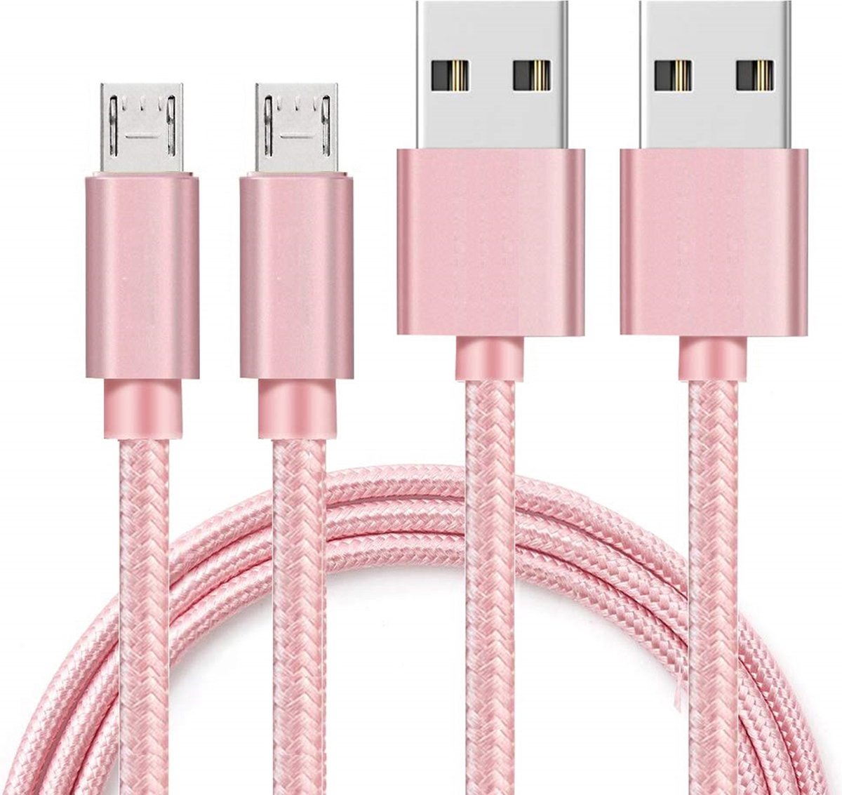 2x Micro USB naar USB A Nylon Gevlochten Kabel Roze - 1 meter - Oplaadkabel voor Huawei Y5P / Y5 2 / Y5 II / Y5 2017 / Y5 2018 / Y5 PRIME 2018 / Y5 2019