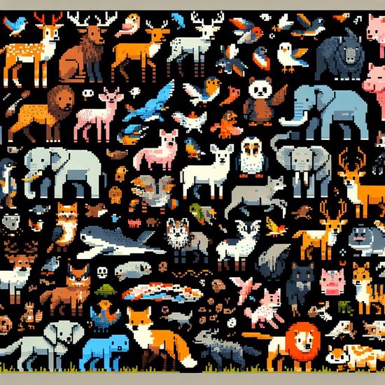 Pixel art dieren schilderij | 10x10: Een eerbetoon aan pixelige dieren in kunstvorm | Kunst - 60x60 centimeter op Canvas | Foto op Canvas