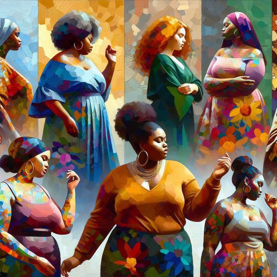 Olieverf dikke dames schilderij | Vitaal en vrolijk: een kleurrijke ode aan zelfacceptatie en vrouwelijkheid | Kunst - 100x100 centimeter op Canvas | Foto op Canvas