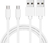 2x Micro USB naar USB A Nylon Gevlochten Kabel Zilver Wit - 1 meter - Oplaadkabel voor Realme 5i (6,52" 2020) / C3 (6,5" 2020) / C11 (6,5" 2020) / C11 (2021) (6,52" 2021)